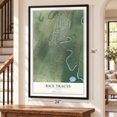Rice Tracts, Texas map, 24 x 36 inch print in a black frame by a staircase