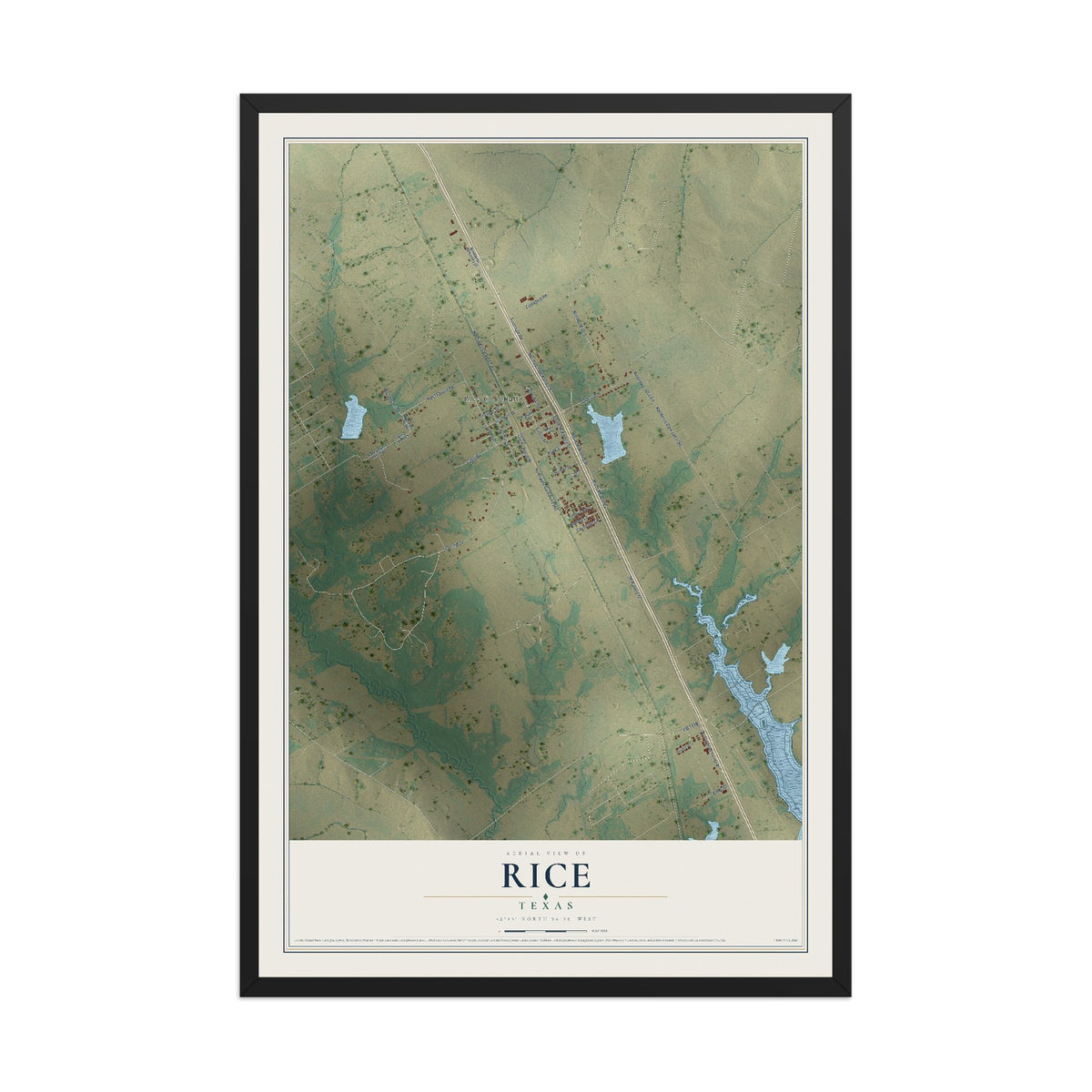 Map of Rice, Texas, 12 x 18 inch print in a black wood frame