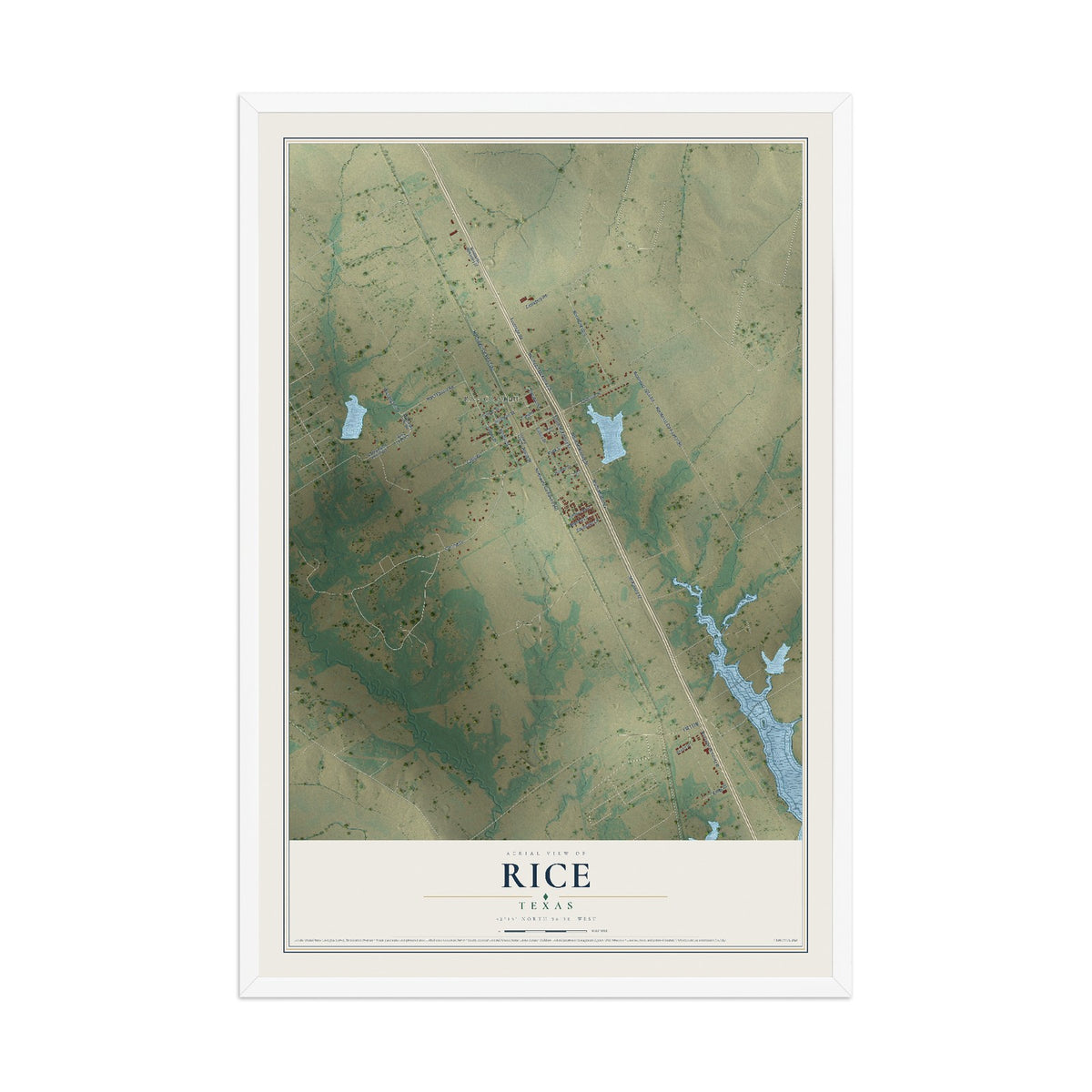 Map of Rice, Texas, 12 x 18 inch print in a white wood frame