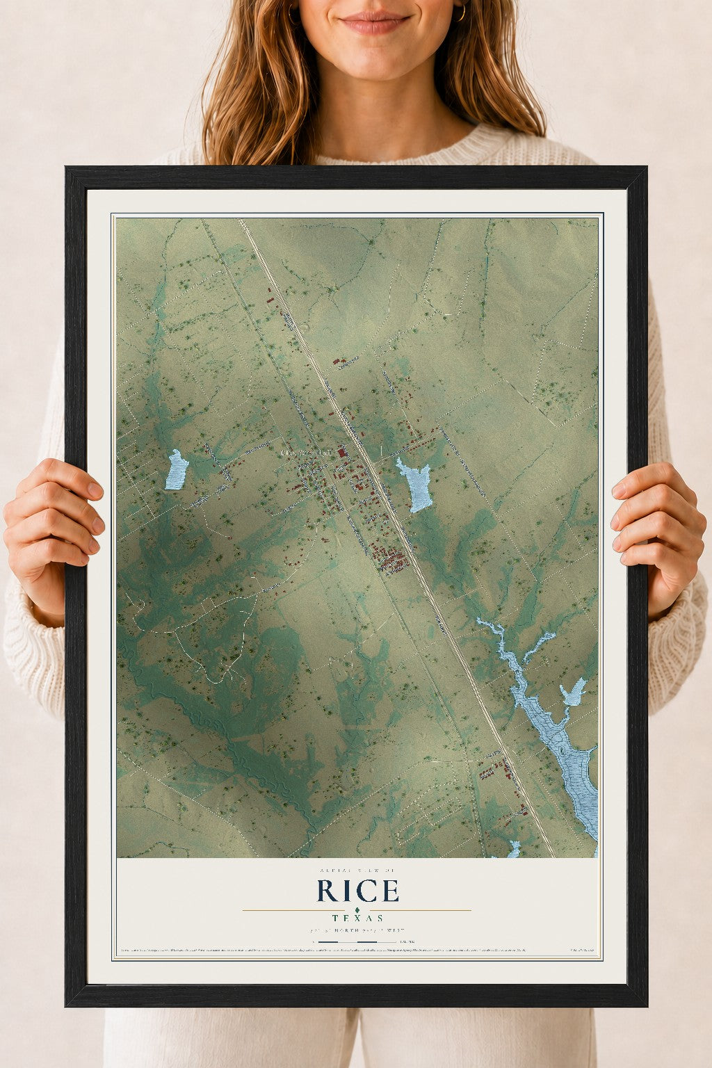 Map of Rice, Texas, 18 x 24 inch print in a black wood frame