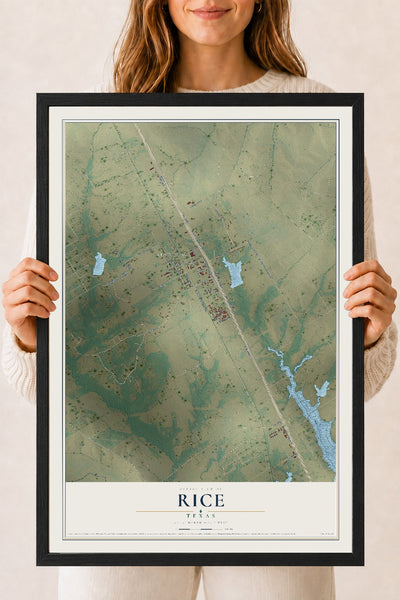 Map of Rice, Texas, 18 x 24 inch print in a black wood frame