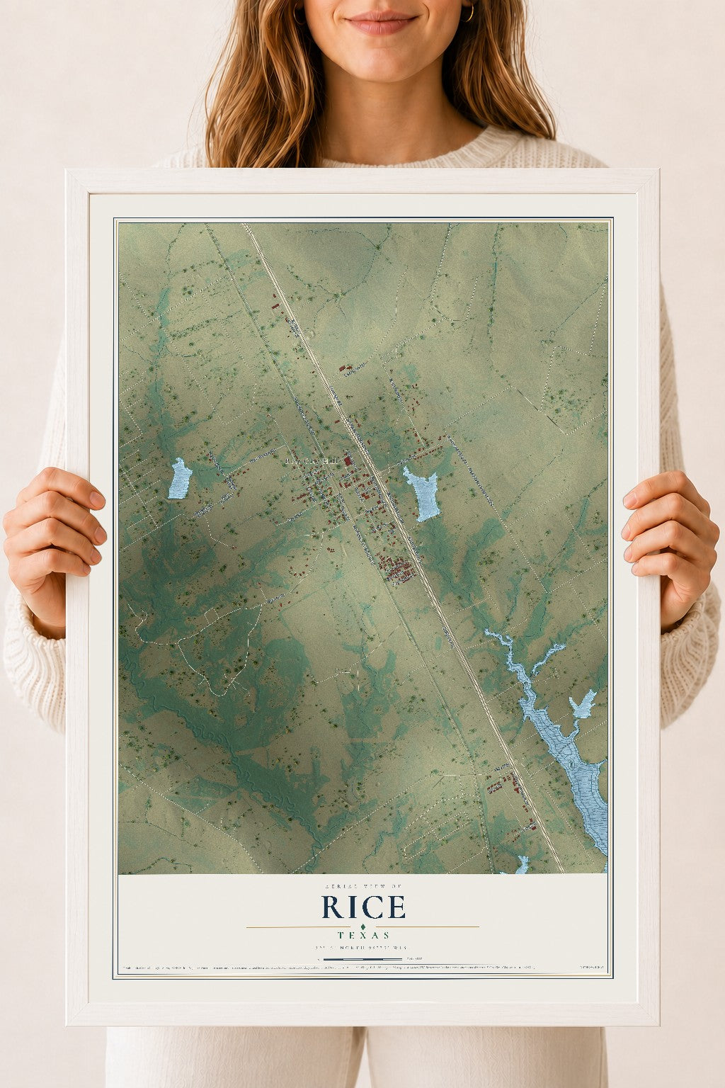 Map of Rice, Texas, 18 x 24 inch print in a white wood frame