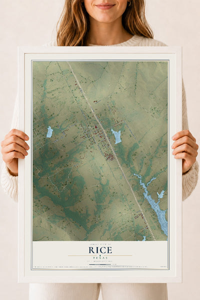 Map of Rice, Texas, 18 x 24 inch print in a white wood frame