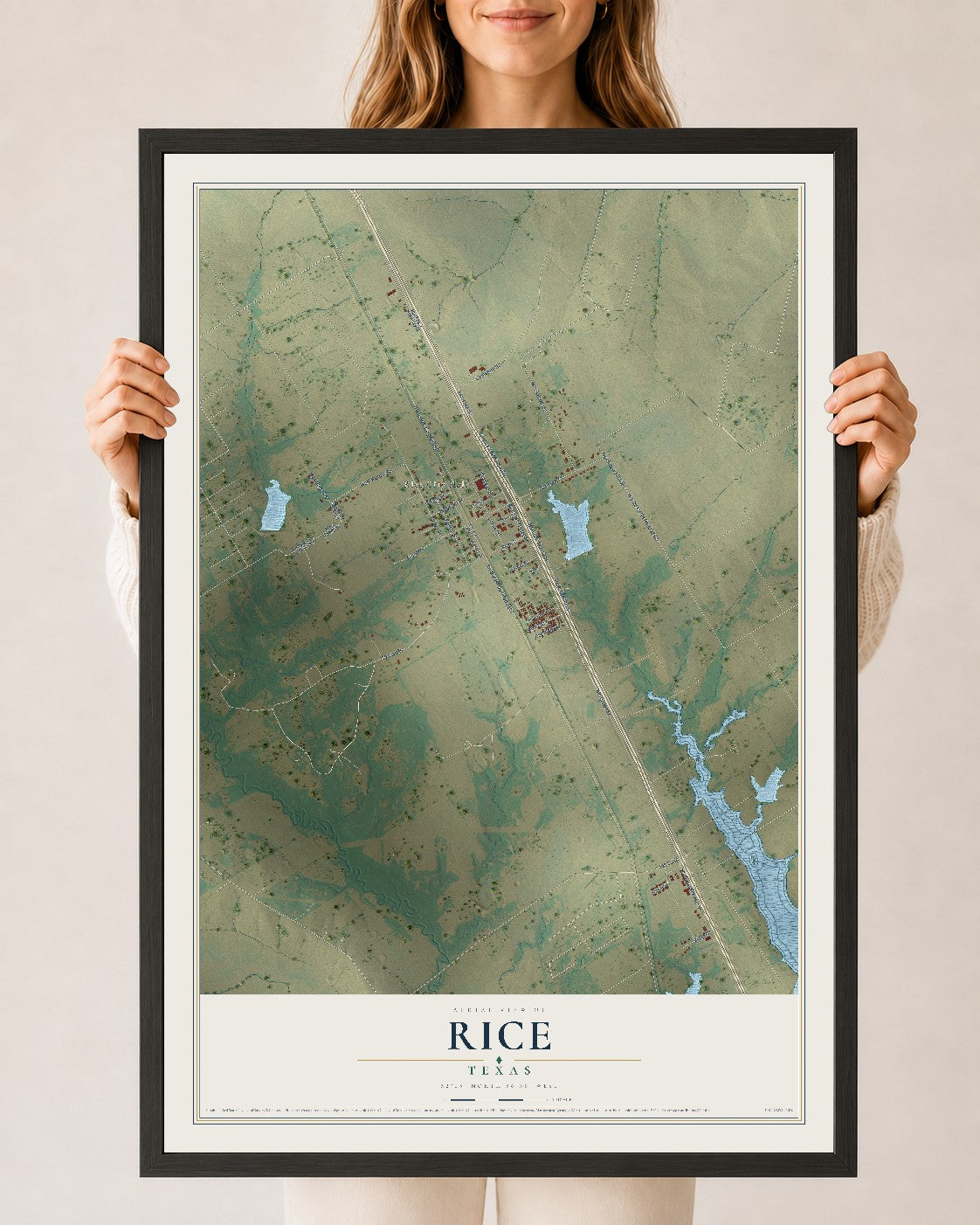 Map of Rice, Texas, 24 x 36 inch print in a black wood frame