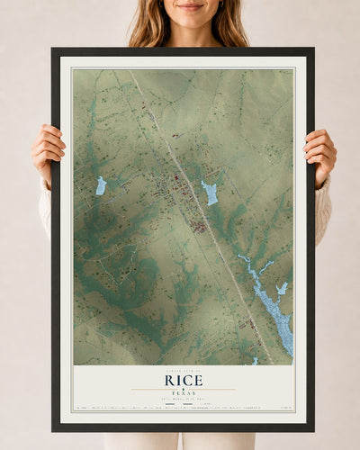 Map of Rice, Texas, 24 x 36 inch print in a black wood frame
