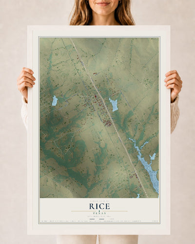 Map of Rice, Texas, 24 x 36 inch print in a white wood frame