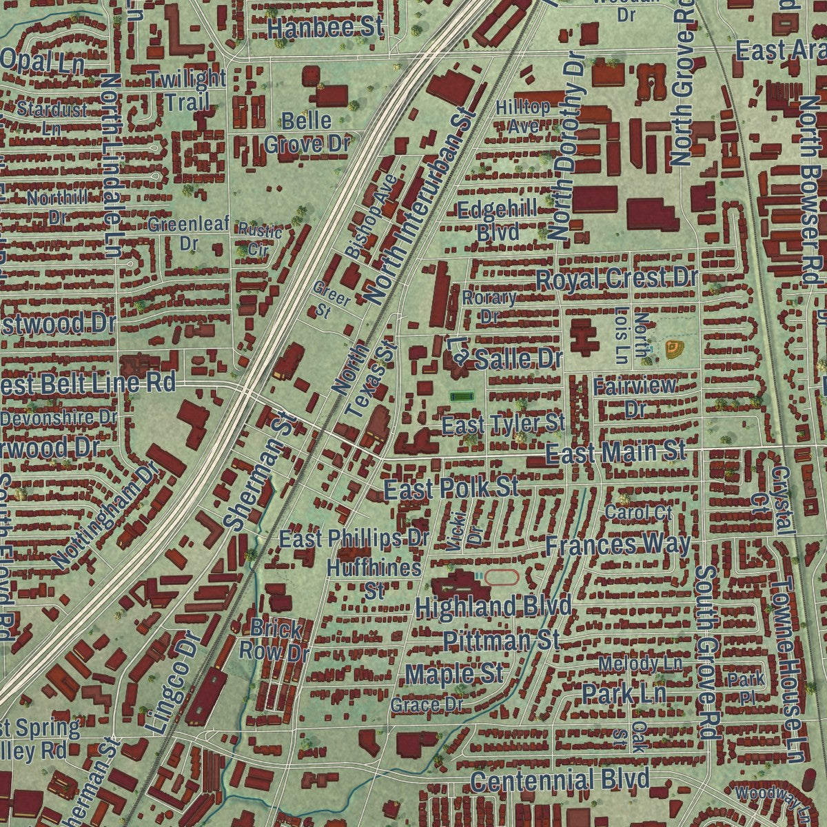 Close-up of the map of Richardson, Texas print showing street and building detail