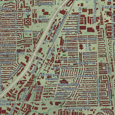 Close-up of the map of Richardson, Texas print showing street and building detail