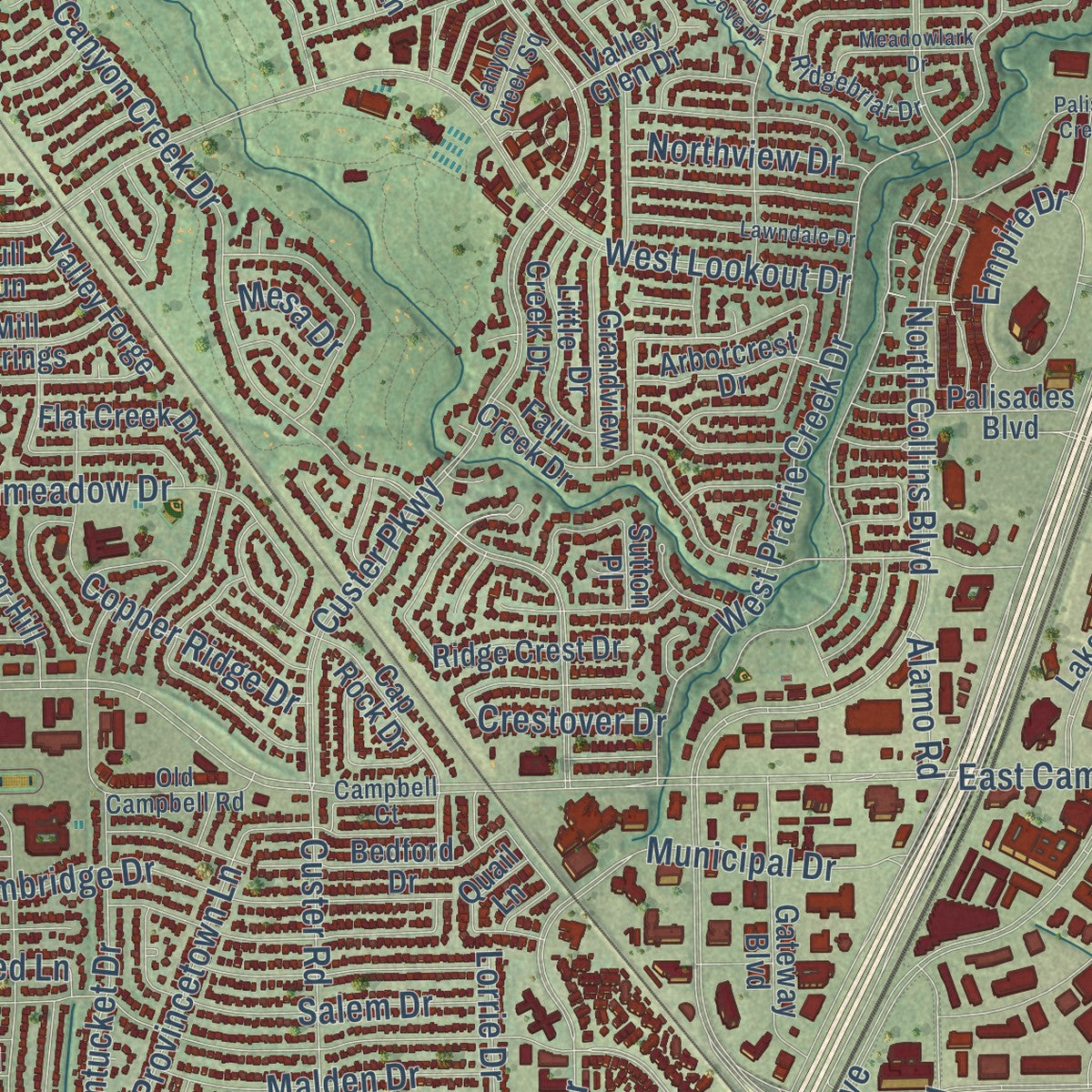 Second close-up of the map of Richardson, Texas print showing more streets and buildings