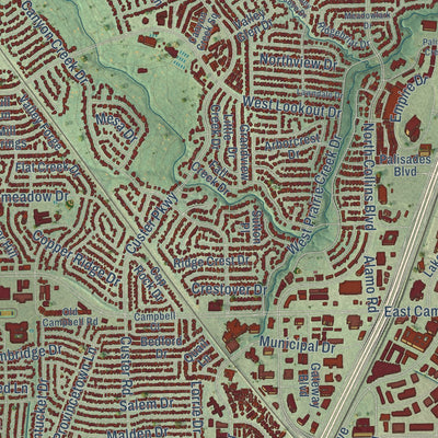 Second close-up of the map of Richardson, Texas print showing more streets and buildings