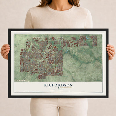 Map of Richardson, Texas, 12 x 18 inch print in a black wood frame