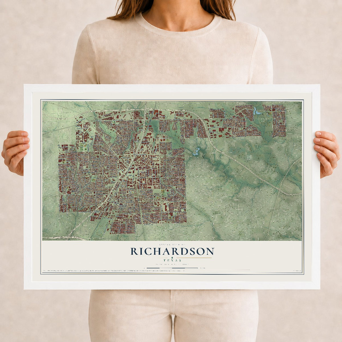 Map of Richardson, Texas, 12 x 18 inch print in a white wood frame