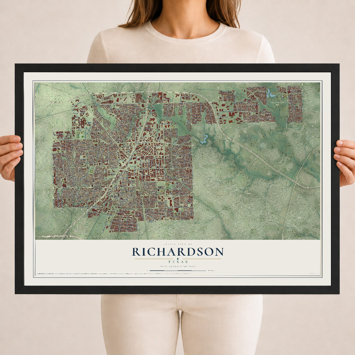 Map of Richardson, Texas, 18 x 24 inch print in a black wood frame
