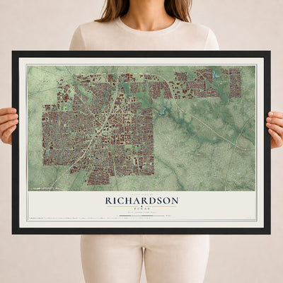 Map of Richardson, Texas, 18 x 24 inch print in a black wood frame