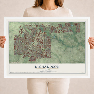 Map of Richardson, Texas, 18 x 24 inch print in a white wood frame