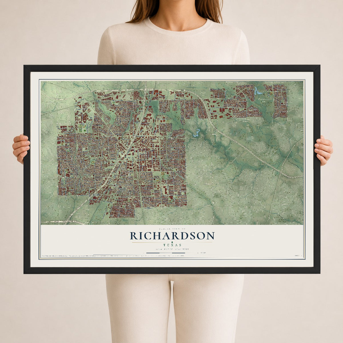 Map of Richardson, Texas, 24 x 36 inch print in a black wood frame