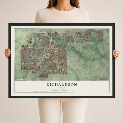 Map of Richardson, Texas, 24 x 36 inch print in a black wood frame