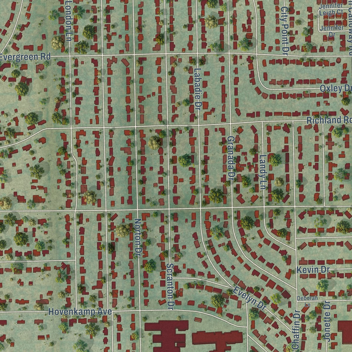 Close-up of the map of Richland Hills, Texas print showing street and building detail