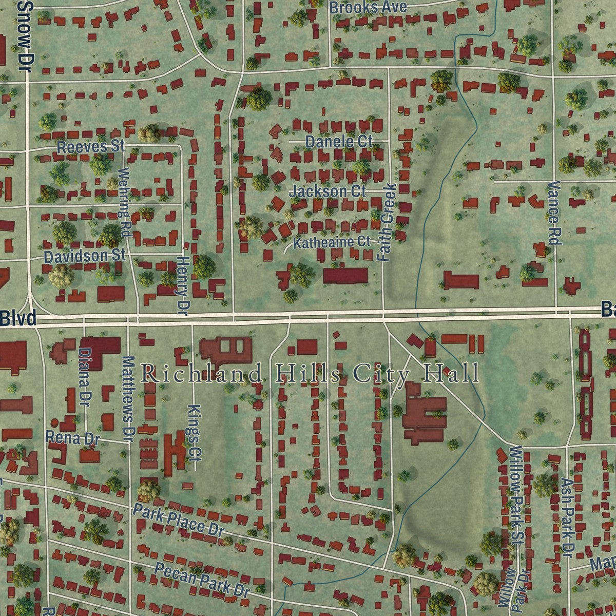Second close-up of the map of Richland Hills, Texas print showing more streets and buildings