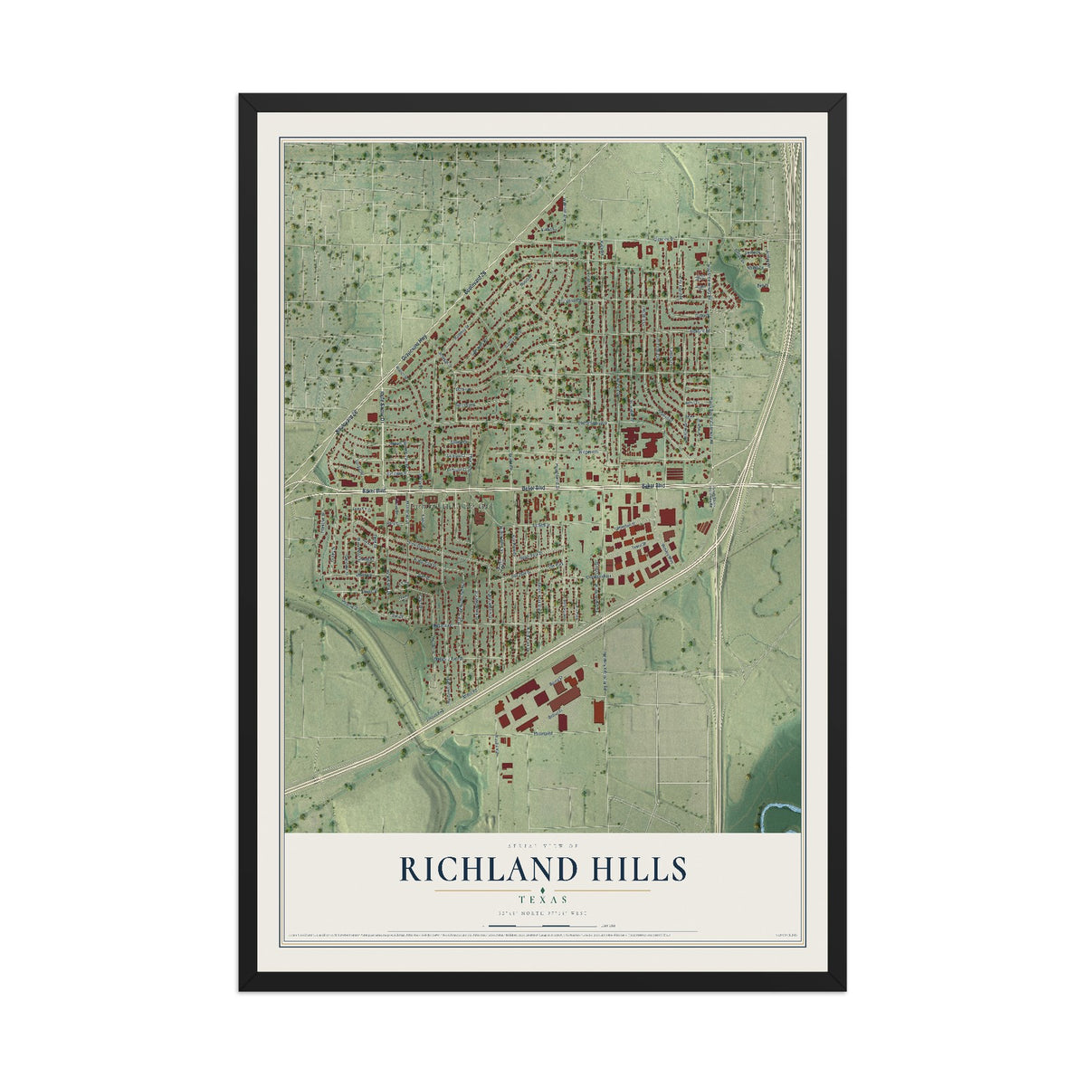 Map of Richland Hills, Texas, 12 x 18 inch print in a black wood frame