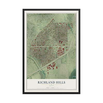 Map of Richland Hills, Texas, 12 x 18 inch print in a black wood frame