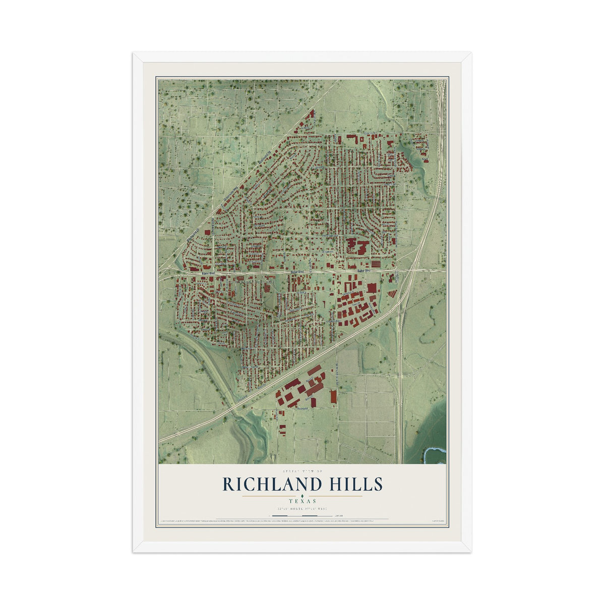 Map of Richland Hills, Texas, 12 x 18 inch print in a white wood frame
