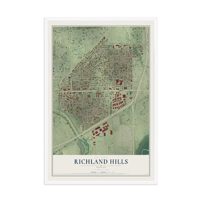 Map of Richland Hills, Texas, 12 x 18 inch print in a white wood frame
