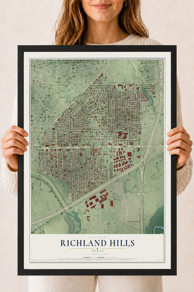 Map of Richland Hills, Texas, 18 x 24 inch print in a black wood frame