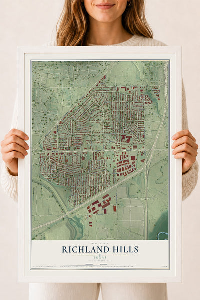Map of Richland Hills, Texas, 18 x 24 inch print in a white wood frame