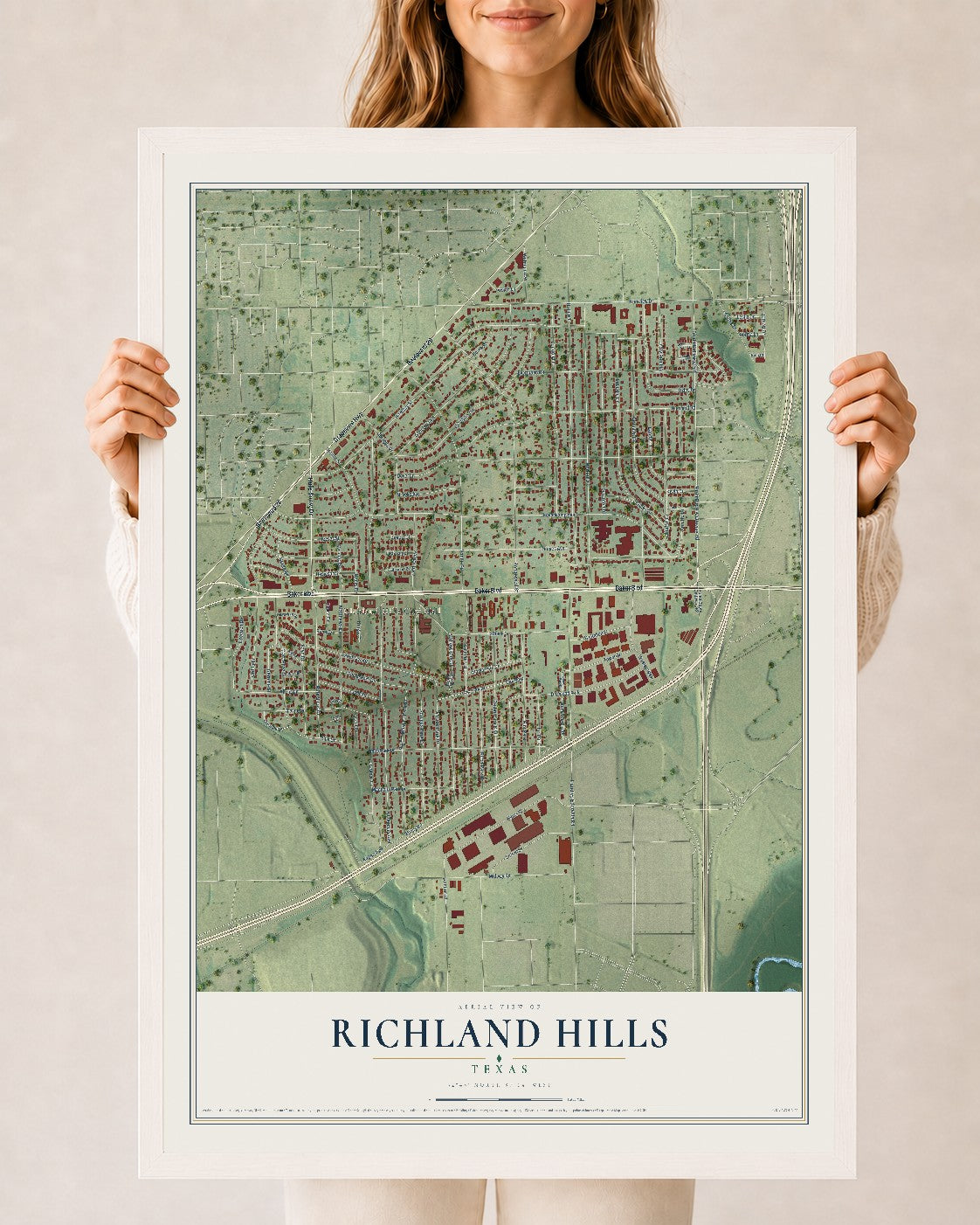 Map of Richland Hills, Texas, 24 x 36 inch print in a white wood frame