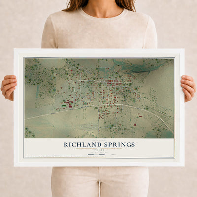 Map of Richland Springs, Texas, 12 x 18 inch print in a white wood frame