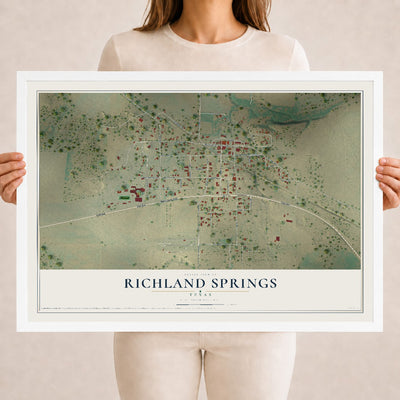 Map of Richland Springs, Texas, 18 x 24 inch print in a white wood frame