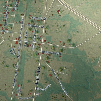 Close-up of the map of Richland, Texas print showing street and building detail