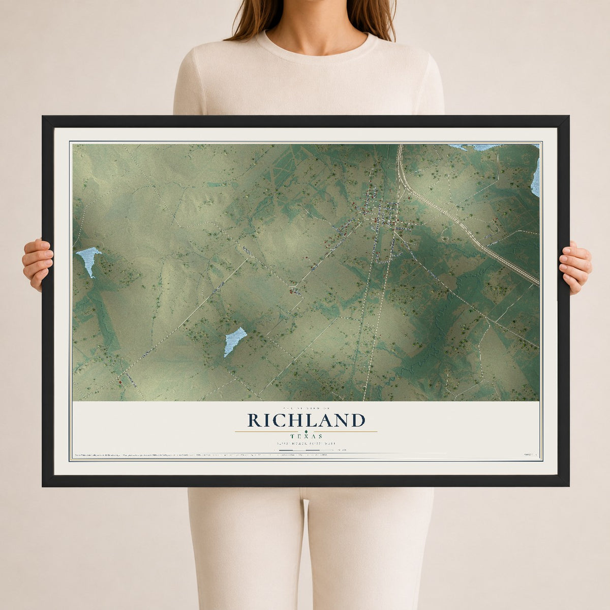Map of Richland, Texas, 24 x 36 inch print in a black wood frame