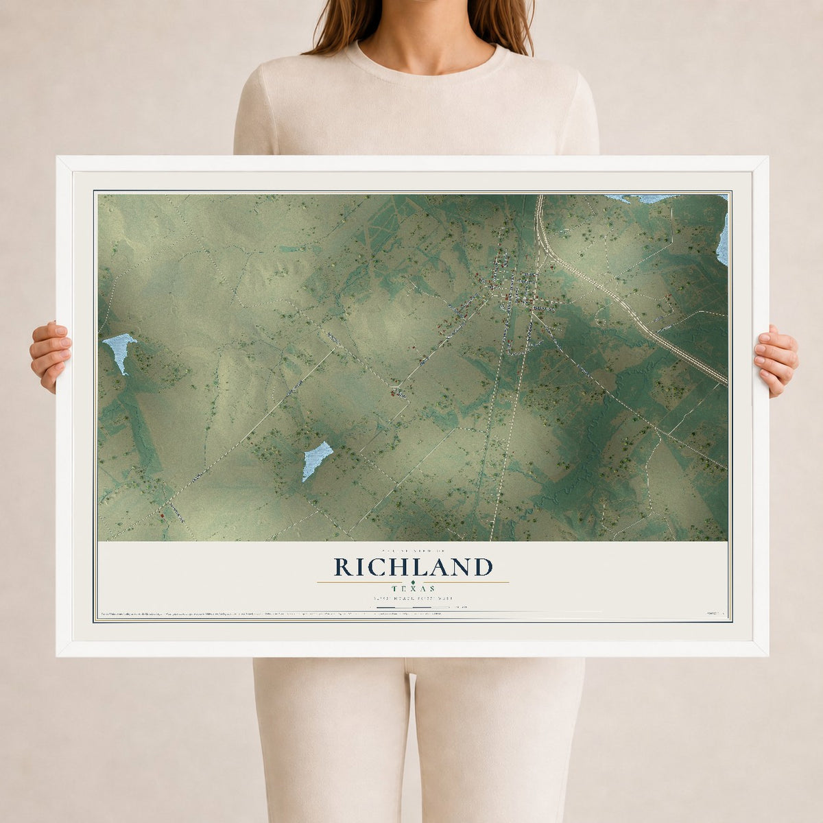 Map of Richland, Texas, 24 x 36 inch print in a white wood frame