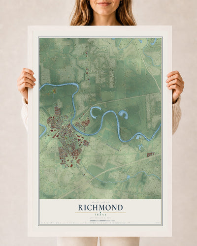 Map of Richmond, Texas, 24 x 36 inch print in a white wood frame