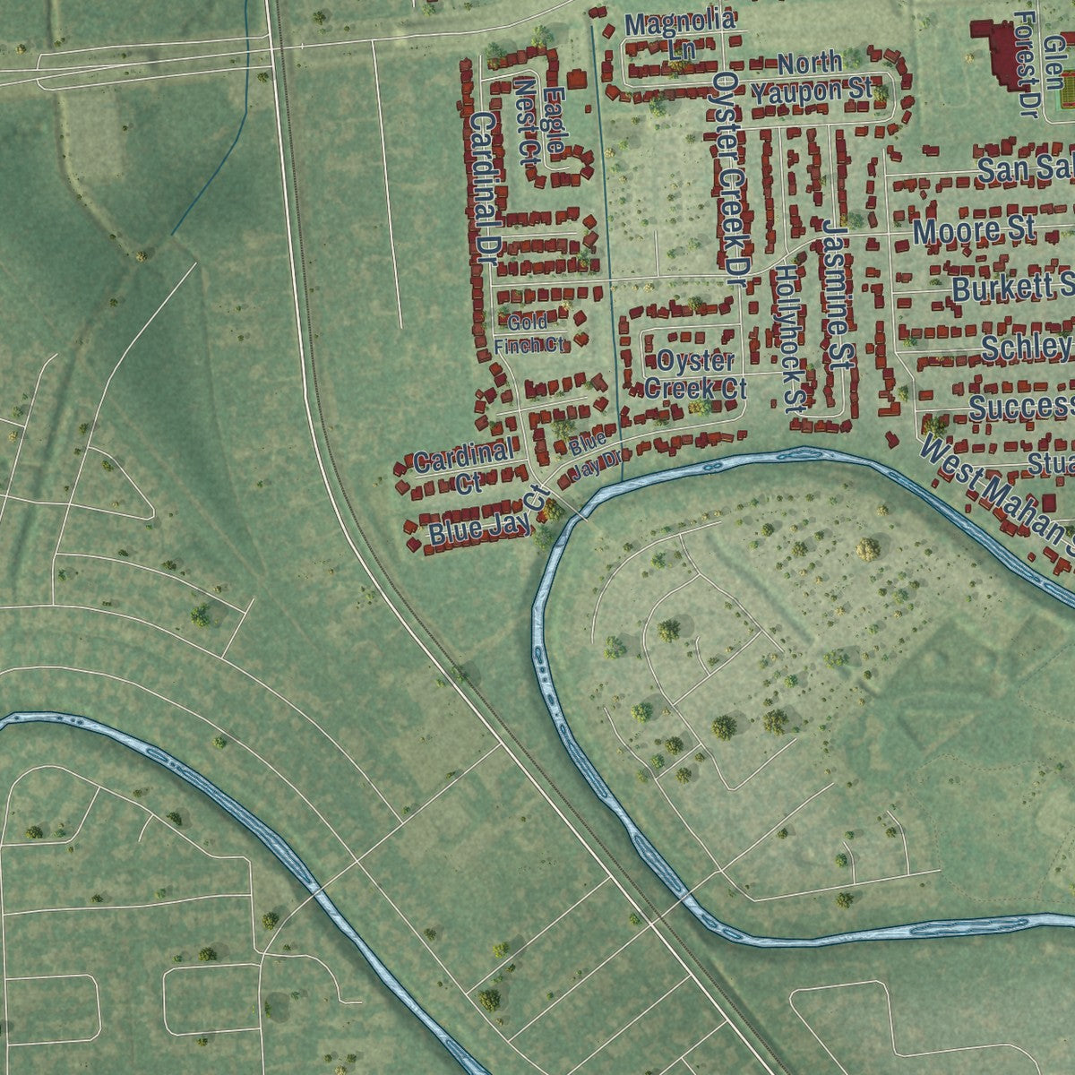 Close-up of the map of Richwood, Texas print showing street and building detail