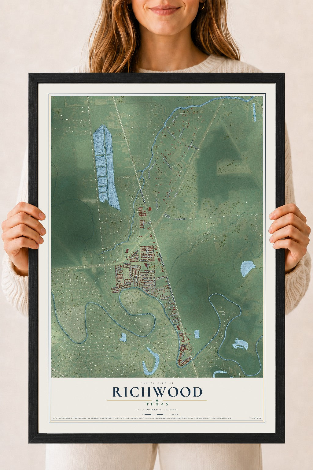 Map of Richwood, Texas, 18 x 24 inch print in a black wood frame