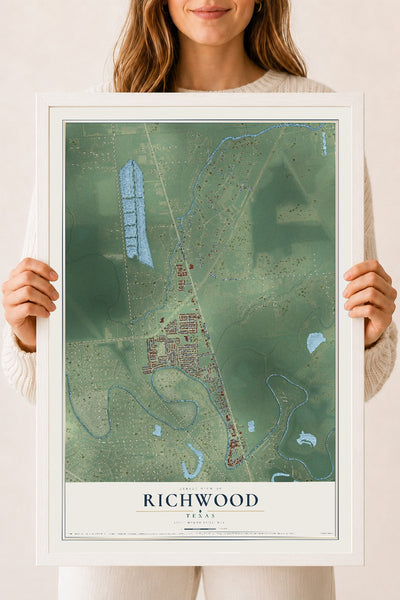 Map of Richwood, Texas, 18 x 24 inch print in a white wood frame