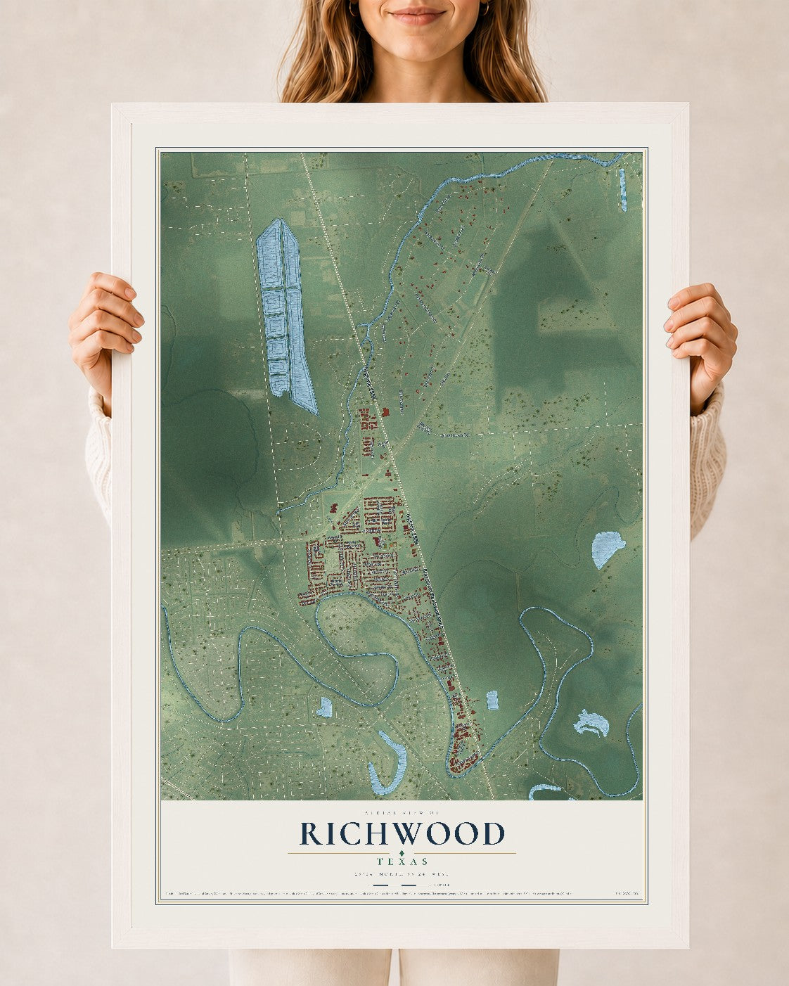 Map of Richwood, Texas, 24 x 36 inch print in a white wood frame
