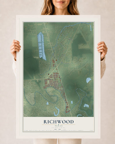 Map of Richwood, Texas, 24 x 36 inch print in a white wood frame