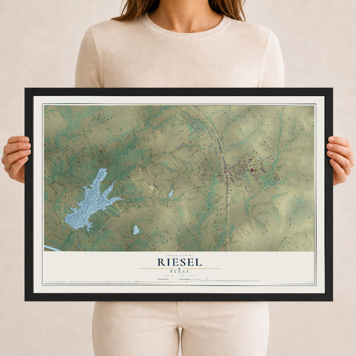 Map of Riesel, Texas, 12 x 18 inch print in a black wood frame