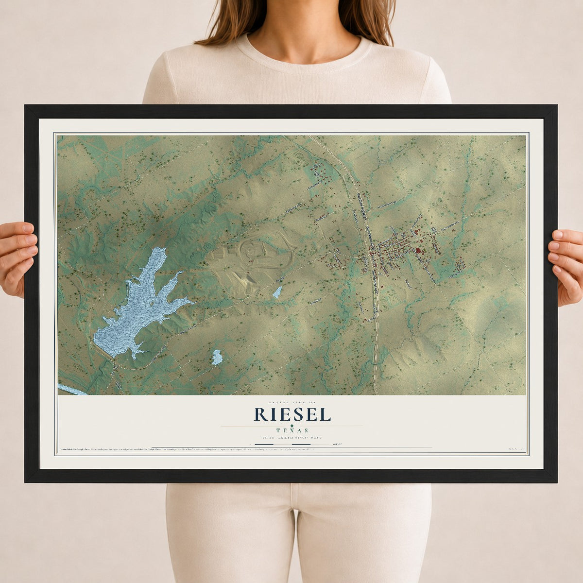 Map of Riesel, Texas, 18 x 24 inch print in a black wood frame