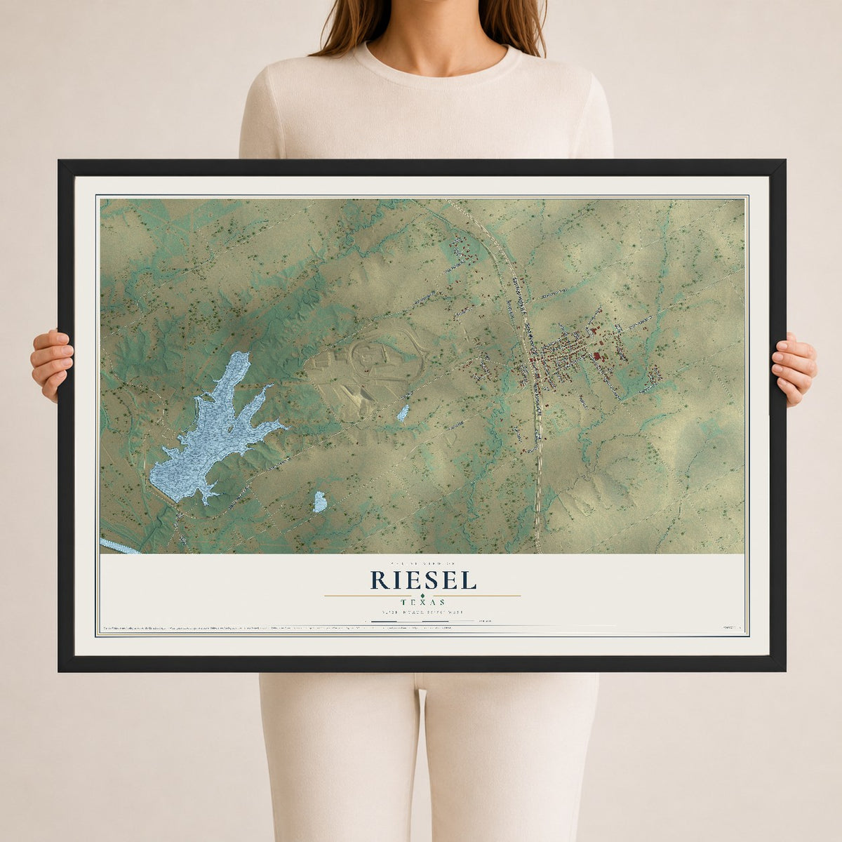 Map of Riesel, Texas, 24 x 36 inch print in a black wood frame