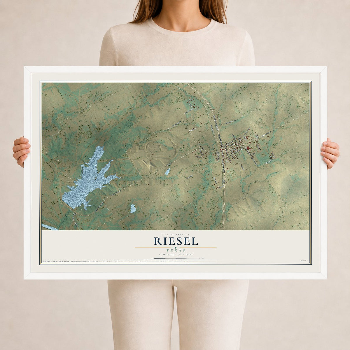 Map of Riesel, Texas, 24 x 36 inch print in a white wood frame