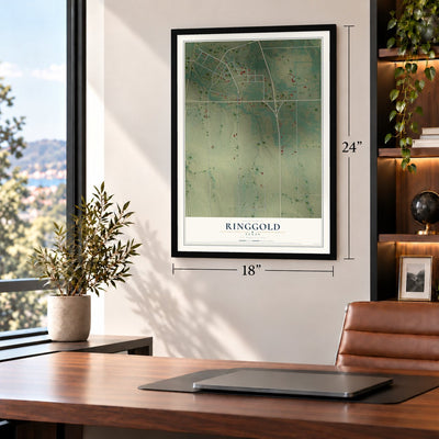 Ringgold, Texas map, 18 x 24 inch print in a black frame in a home office
