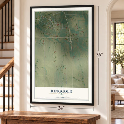 Ringgold, Texas map, 24 x 36 inch print in a black frame by a staircase