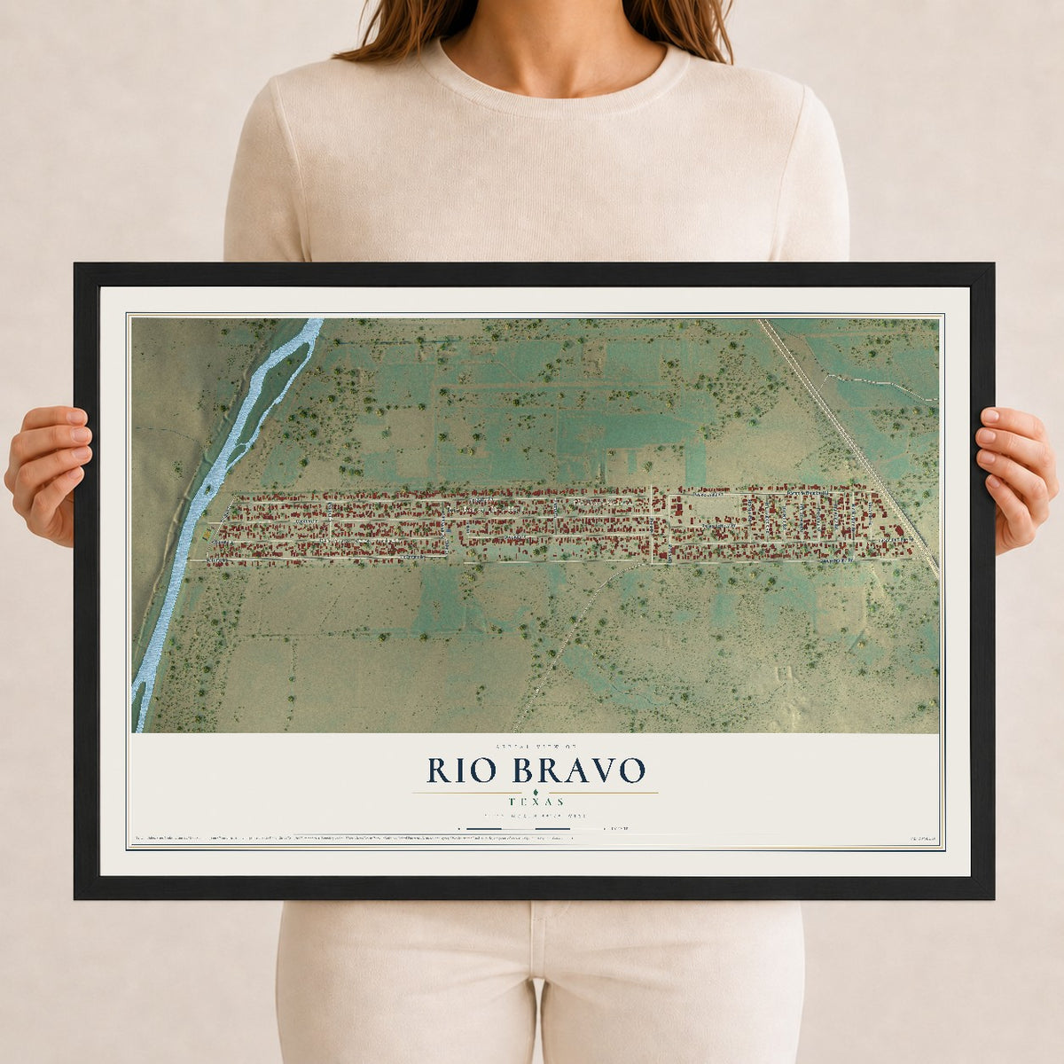 Map of Rio Bravo, Texas, 12 x 18 inch print in a black wood frame