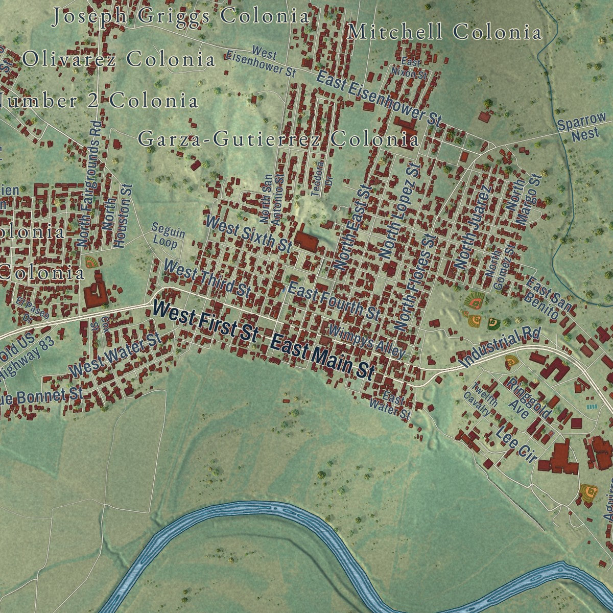 Close-up of the map of Rio Grande City, Texas print showing street and building detail