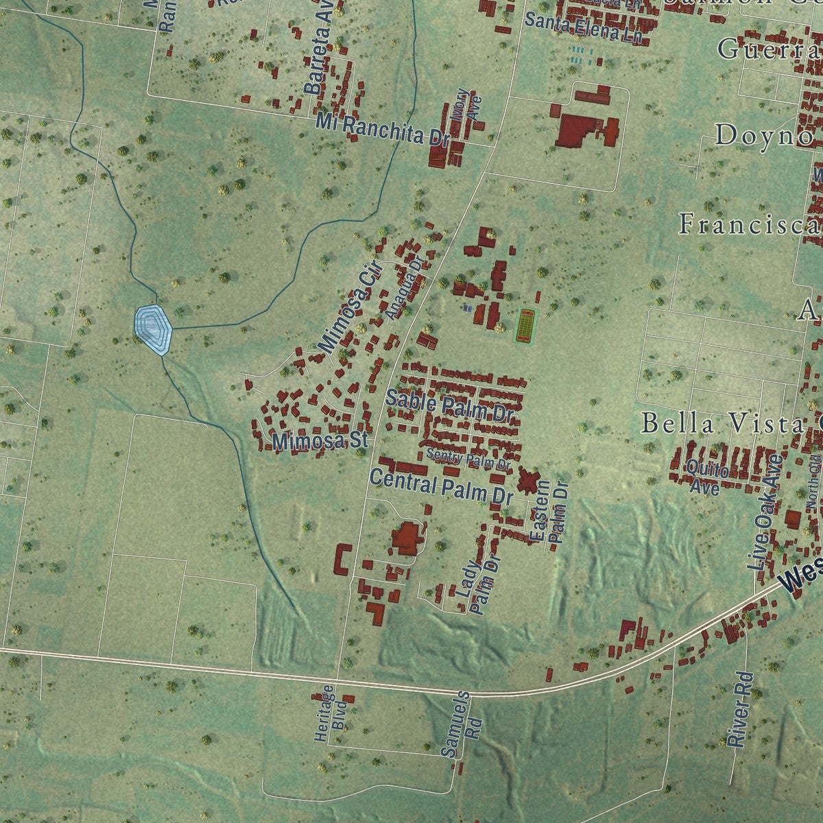 Second close-up of the map of Rio Grande City, Texas print showing more streets and buildings